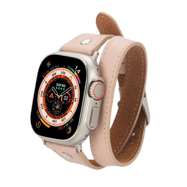 Basin Double Tour Leather Bands for Apple Watch Ultra,8,7 and SE 41mm / 40mm / 38mm Pink