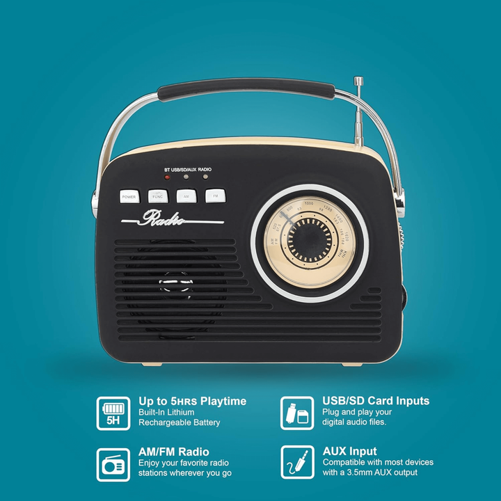 Supersonic Multi-Function Bluetooth Retro Speaker with Rechargeable Battery Black-6