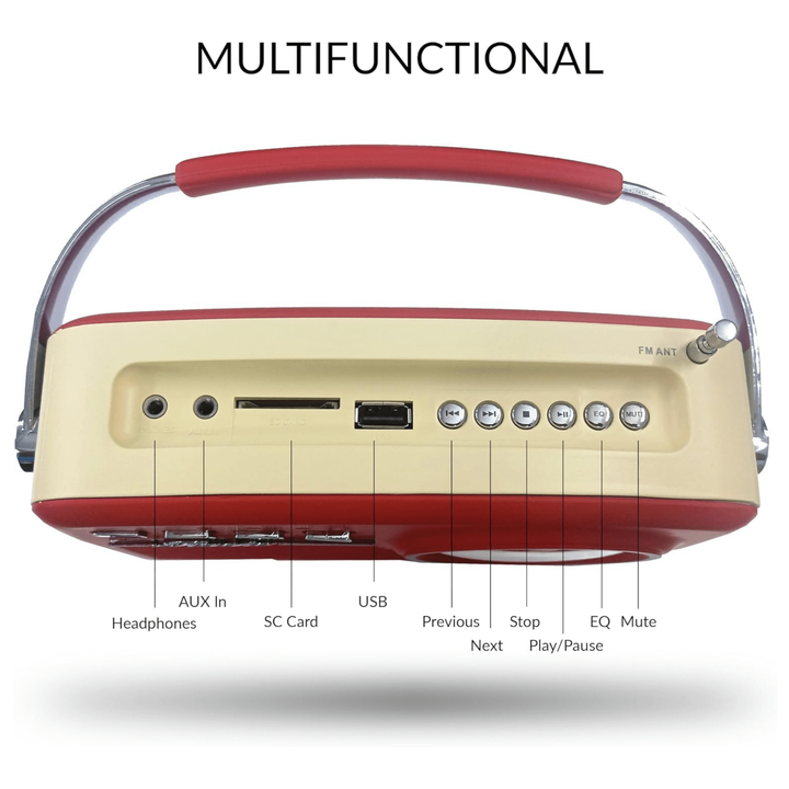 Supersonic Multi-Function Bluetooth Retro Speaker with Rechargeable Battery Red-5
