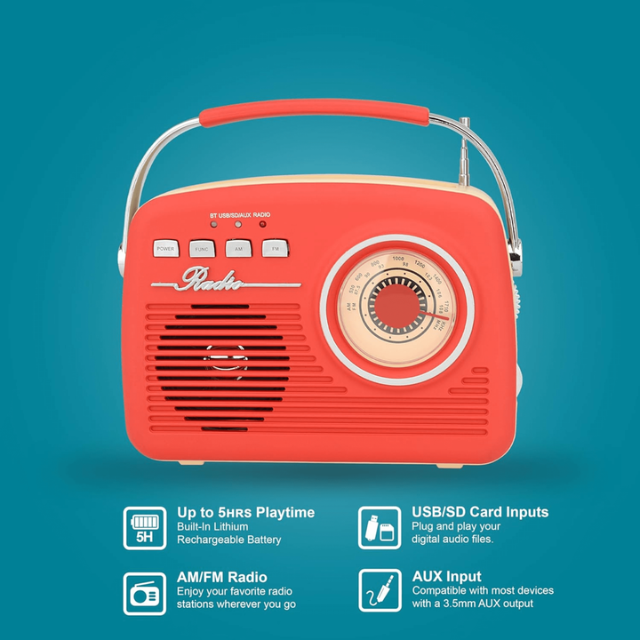 Supersonic Multi-Function Bluetooth Retro Speaker with Rechargeable Battery Red-6
