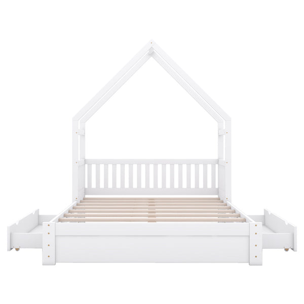 Wood Queen Size House Platform Bed with Guardrail and 2 Drawers, White